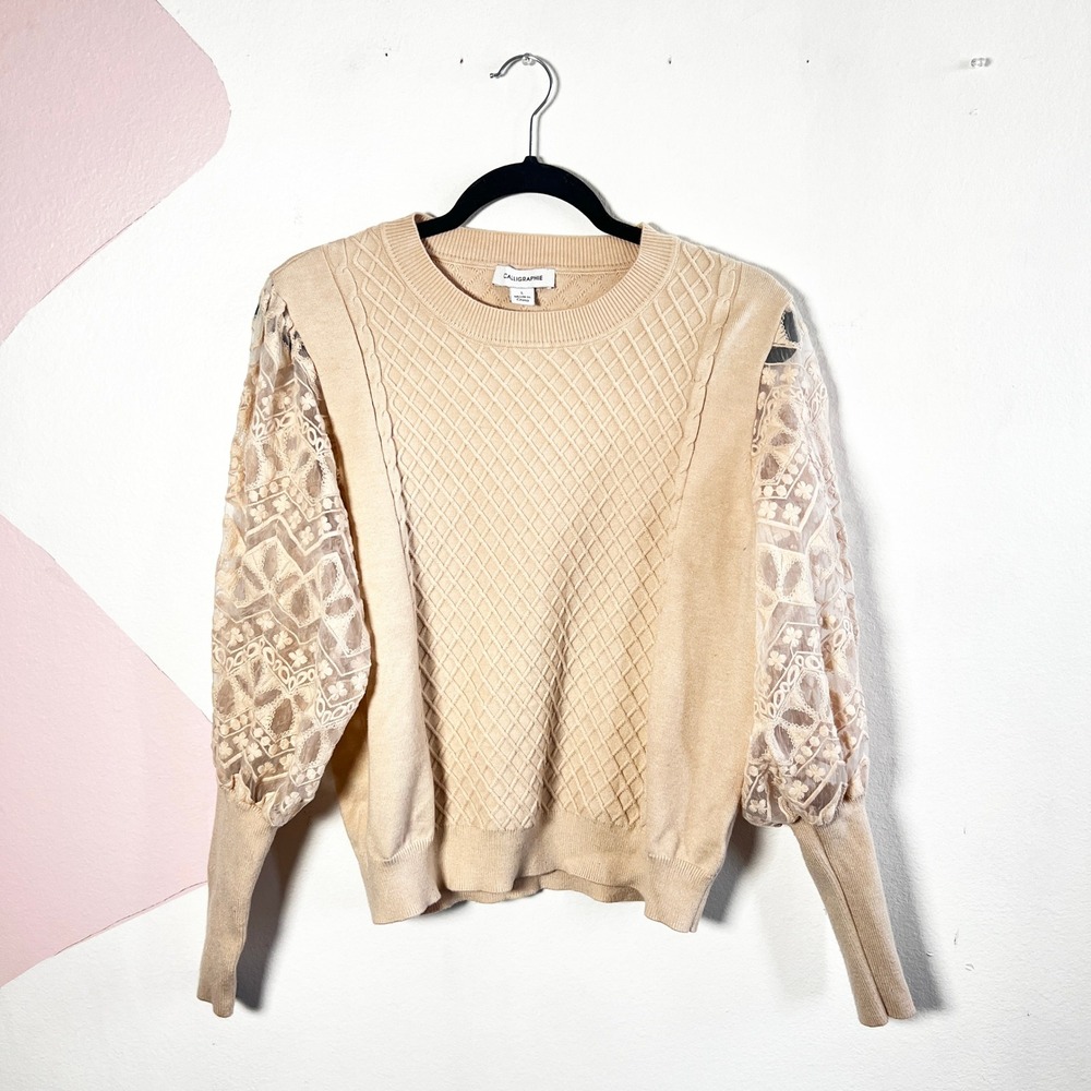 Anthropologie Calligraphie Sweater Embroidered Sheer Lace Boho Cottagecore Large